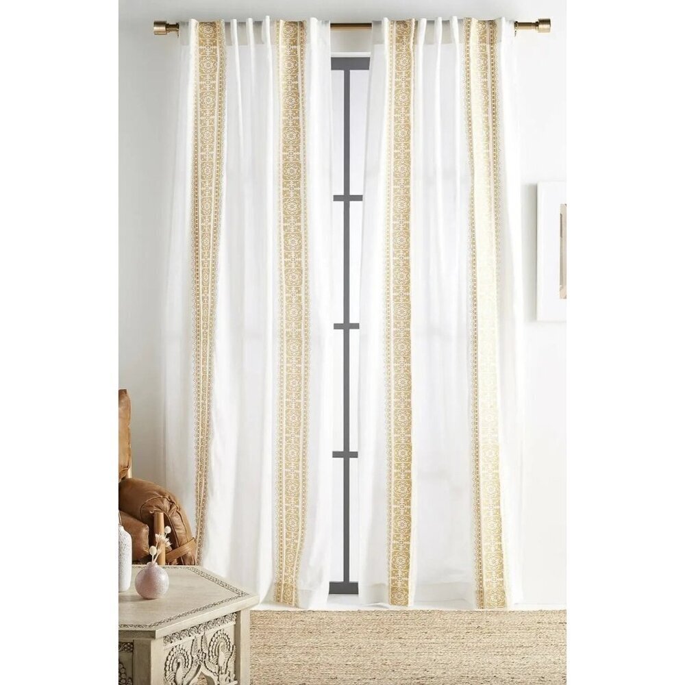 Anthropologie Camilla Embroidered Curtain White Yellow 50x96 NEW $88